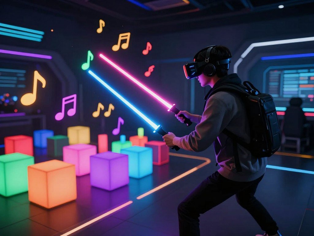 Beat Saber player slashing notes during a rhythm game Beat Saber player slashing notes during a rhythm game