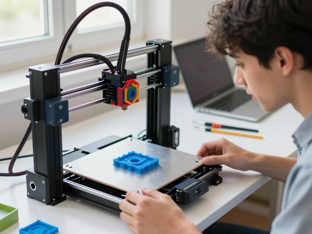 Beginner checking first-layer adhesion on a printer build plate