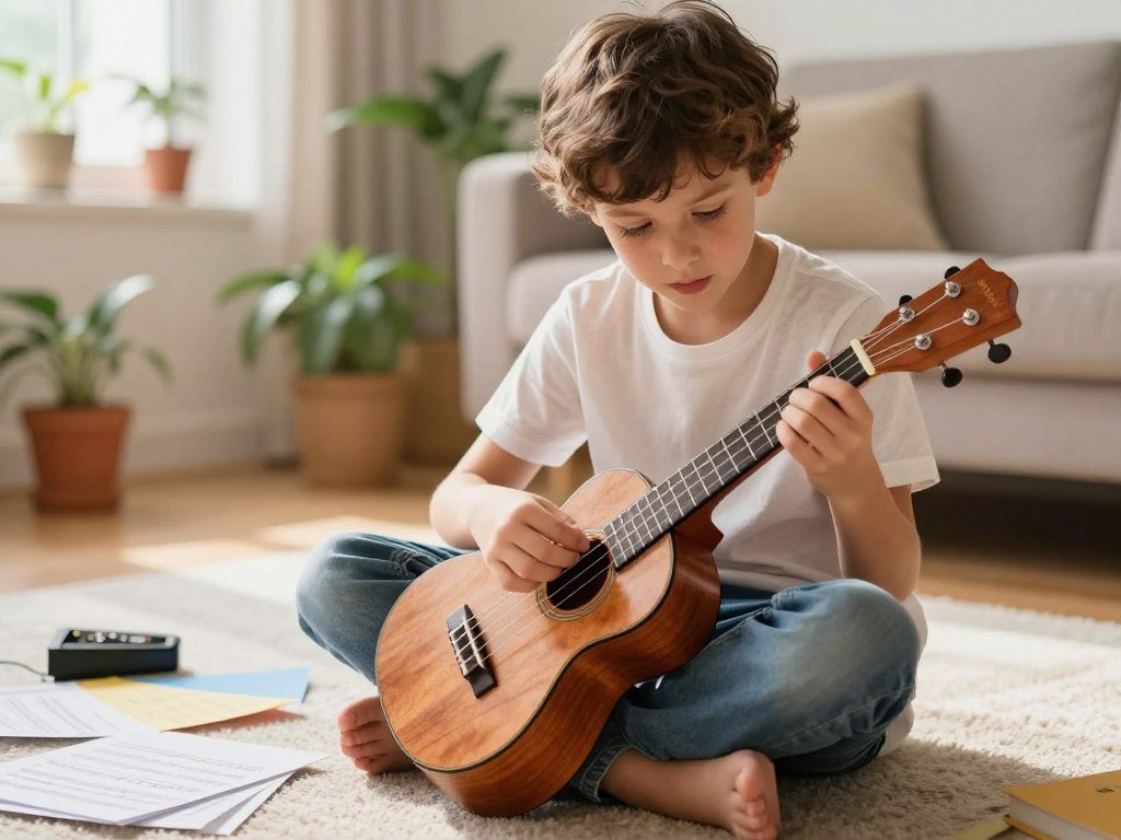 Beginner checking ukulele strings and geared tuners before practice