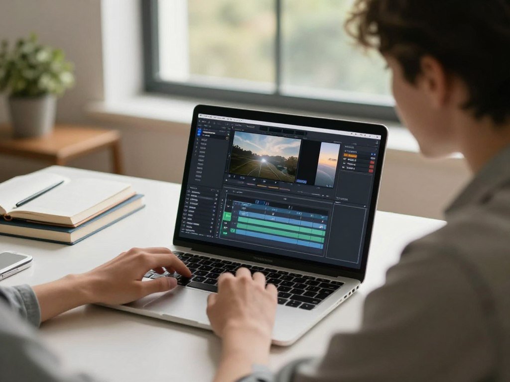 Beginner checking video editing export settings on a laptop Beginner checking video editing export settings on a laptop
