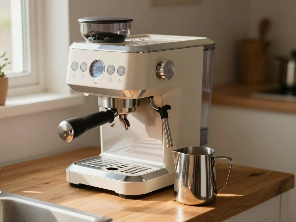 Beginner espresso machine warming beside a milk pitcher