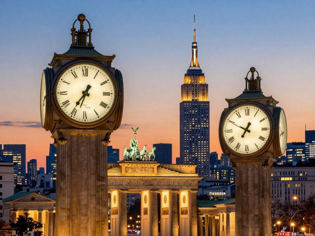 Berlin and New York clocks showing the October Fed release time