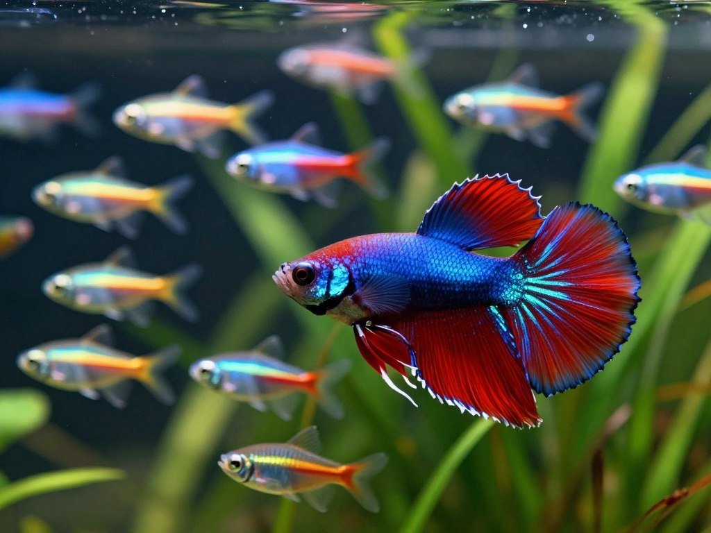 Betta and schooling fish showing different aquarium activity Betta and schooling fish showing different aquarium activity
