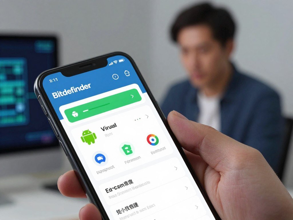 Bitdefender Android app scanning a phone and showing security tools