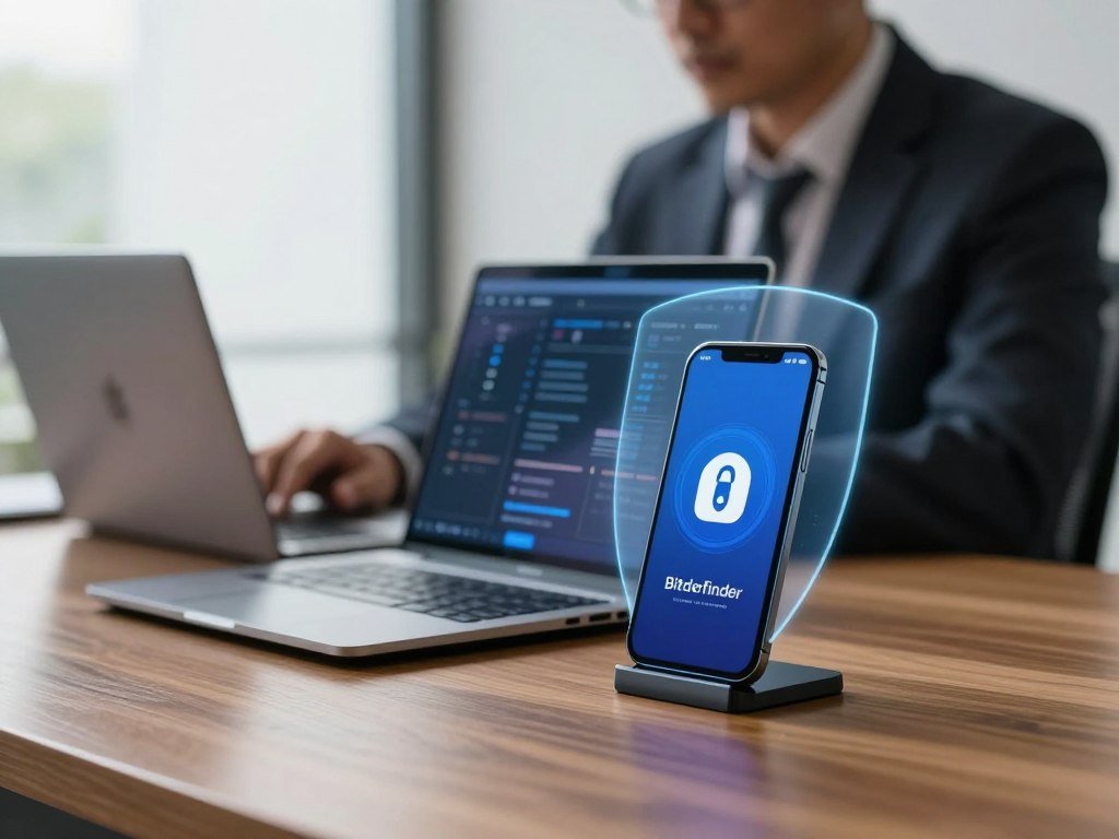 Bitdefender security tools protecting a laptop and phone Bitdefender security tools protecting a laptop and phone