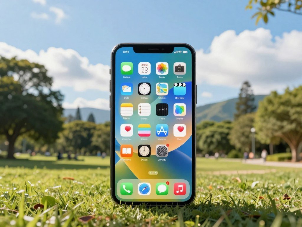 Bright iPhone display beside a wide outdoor photo