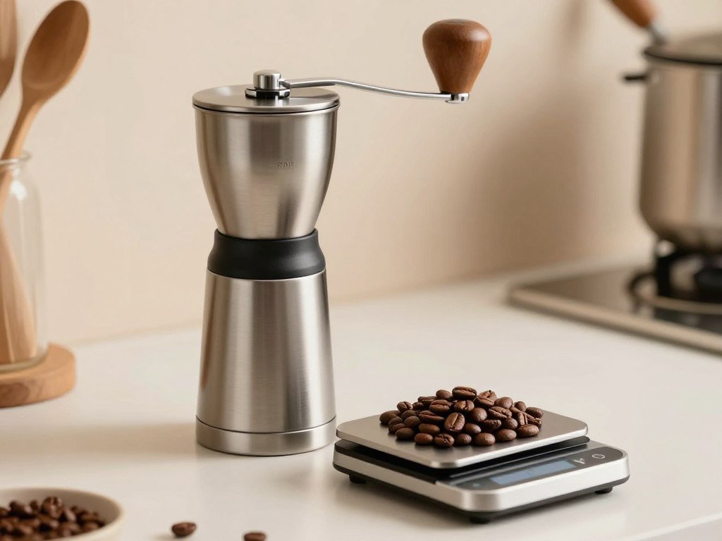 Budget espresso grinder and measured coffee beans beside a scale Budget espresso grinder and measured coffee beans beside a scale