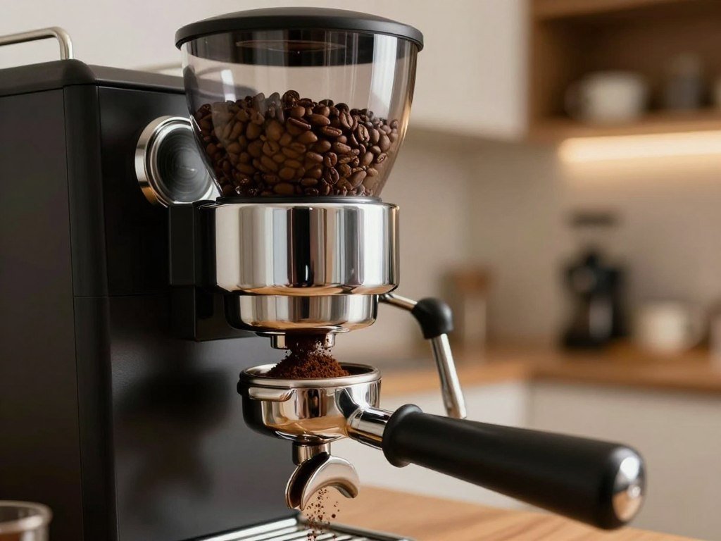 Built-in grinder feeding fresh coffee into an espresso portafilter
