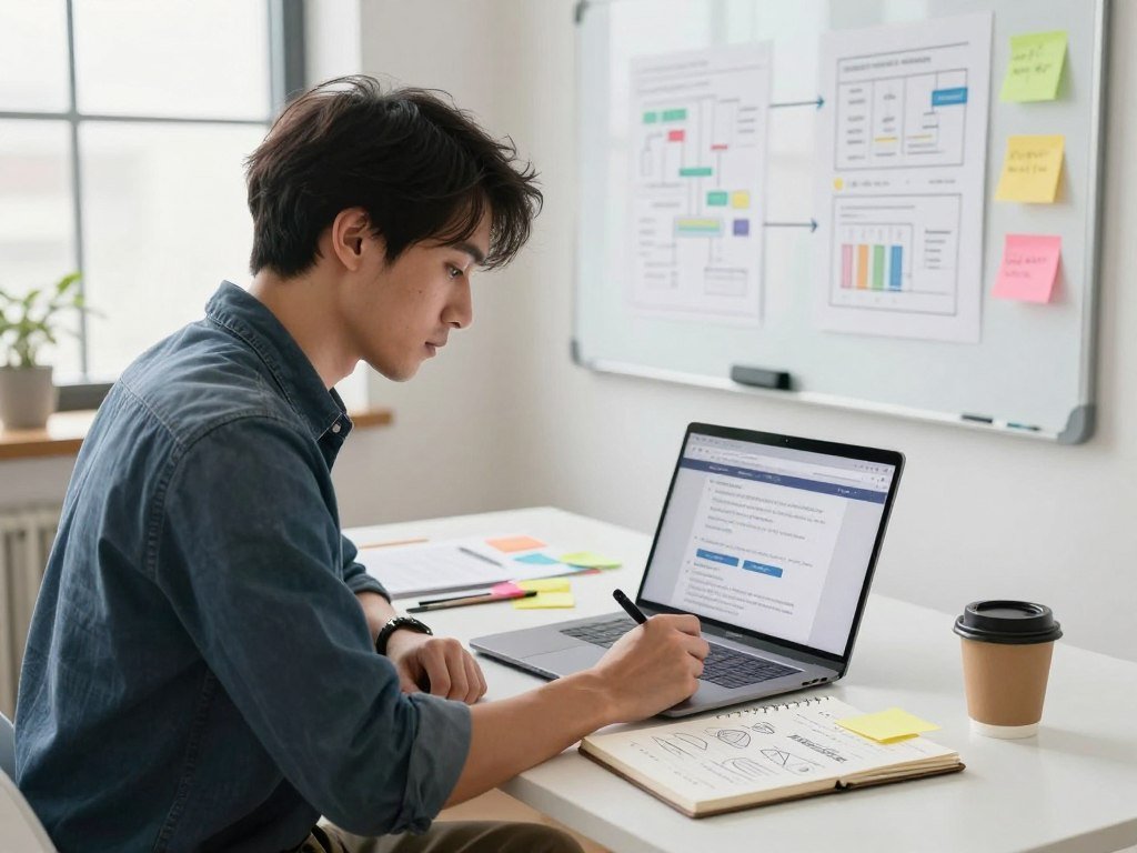 Business owner drafting a prompt for website pages and features Business owner drafting a prompt for website pages and features