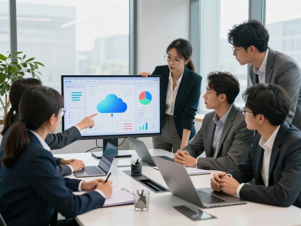 Business team reviewing AI output beside a cloud storage dashboard Business team reviewing AI output beside a cloud storage dashboard