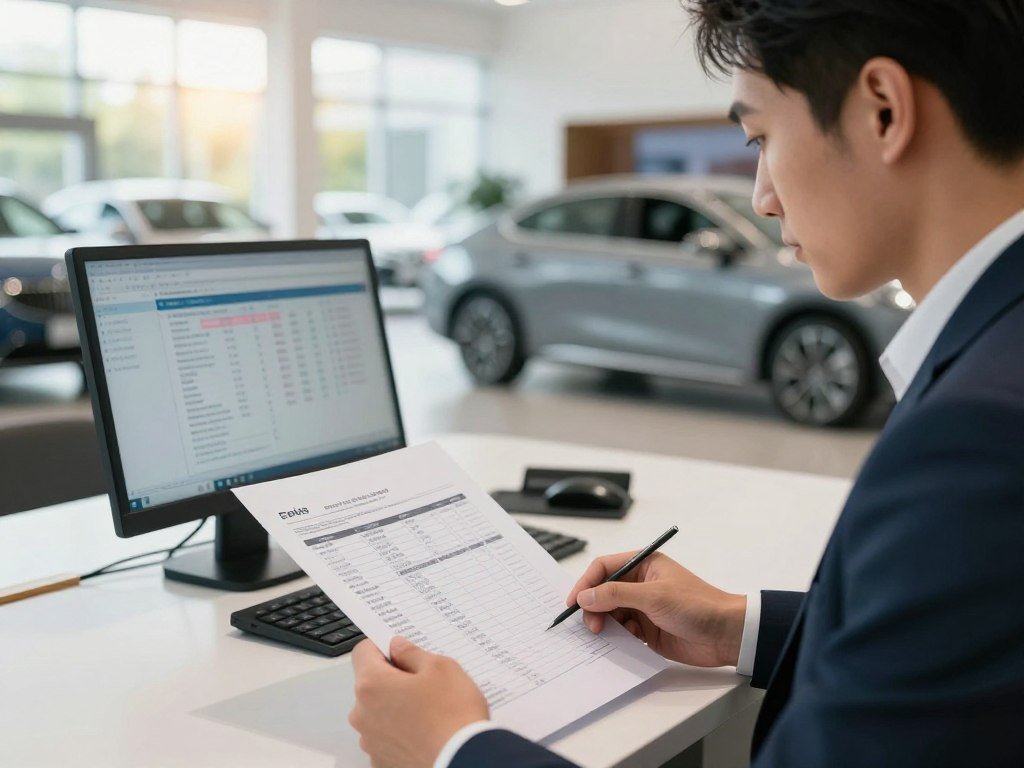 Buyer checks dealership price details on an itemized sales estimate