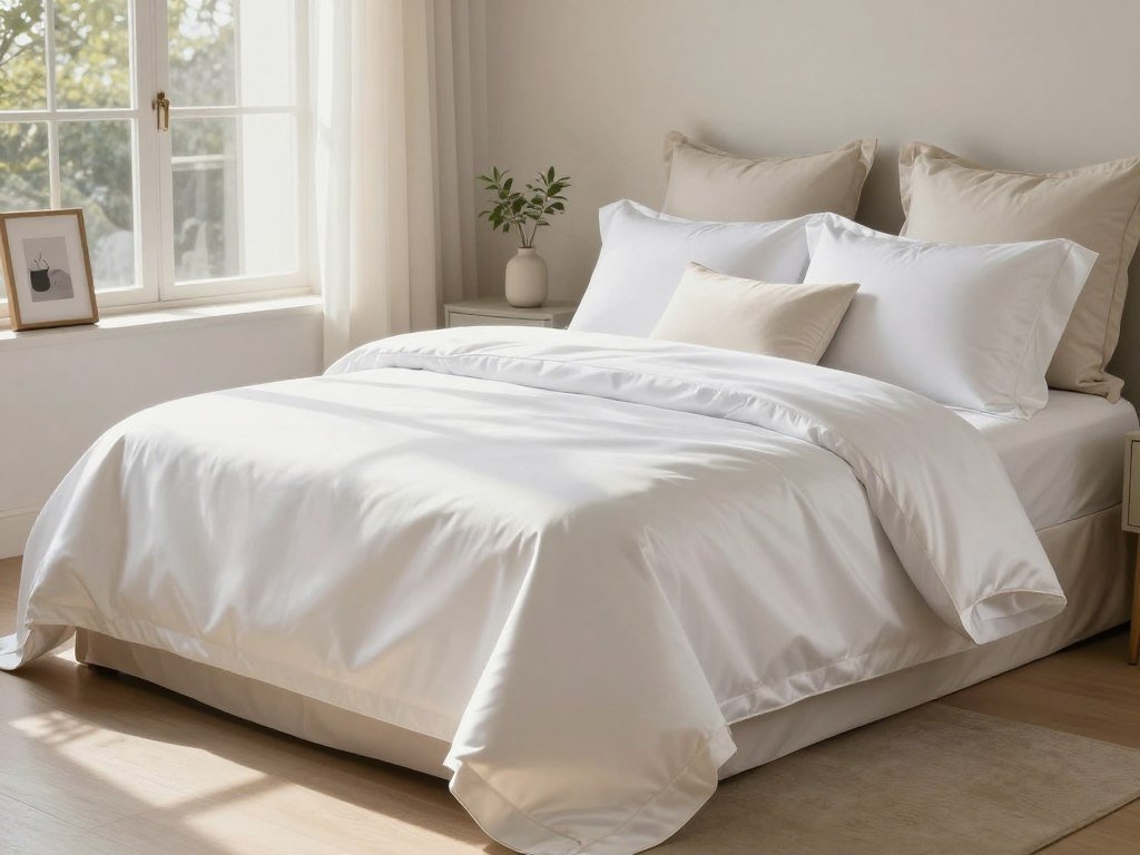 California Design Den cotton sateen sheets on a made bed California Design Den cotton sateen sheets on a made bed