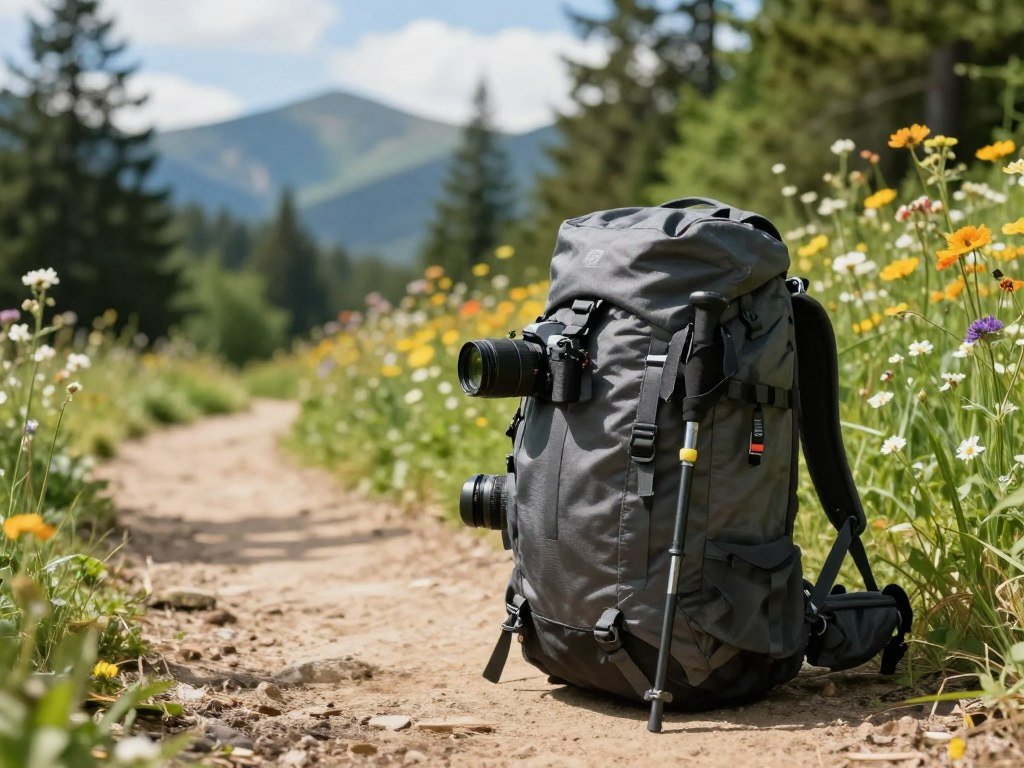 Camera backpack carrying tripod and hiking poles on trail Camera backpack carrying tripod and hiking poles on trail
