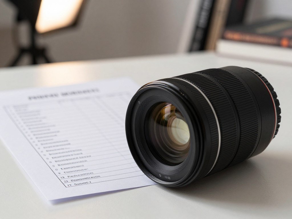 Camera lens and sensor beside a printed photo checklist Camera lens and sensor beside a printed photo checklist