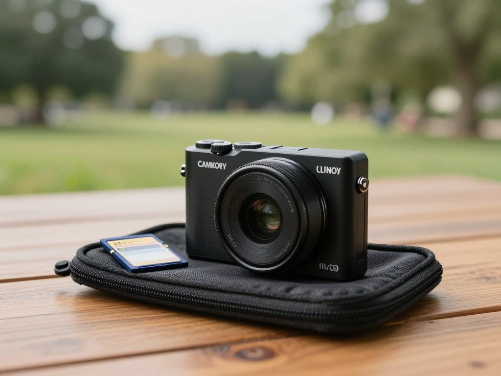Camkory compact camera packed beside an SD card for travel