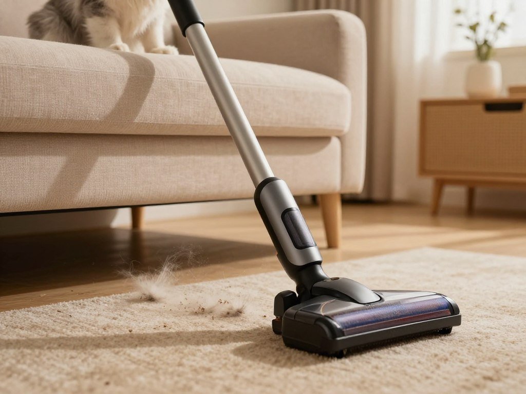 Canister vacuum hose reaching beneath furniture where pets shed Canister vacuum hose reaching beneath furniture where pets shed