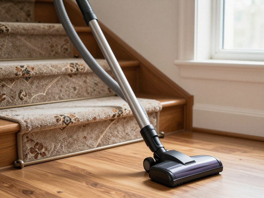 Canister vacuum hose reaching carpeted stairs beside hard floors Canister vacuum hose reaching carpeted stairs beside hard floors