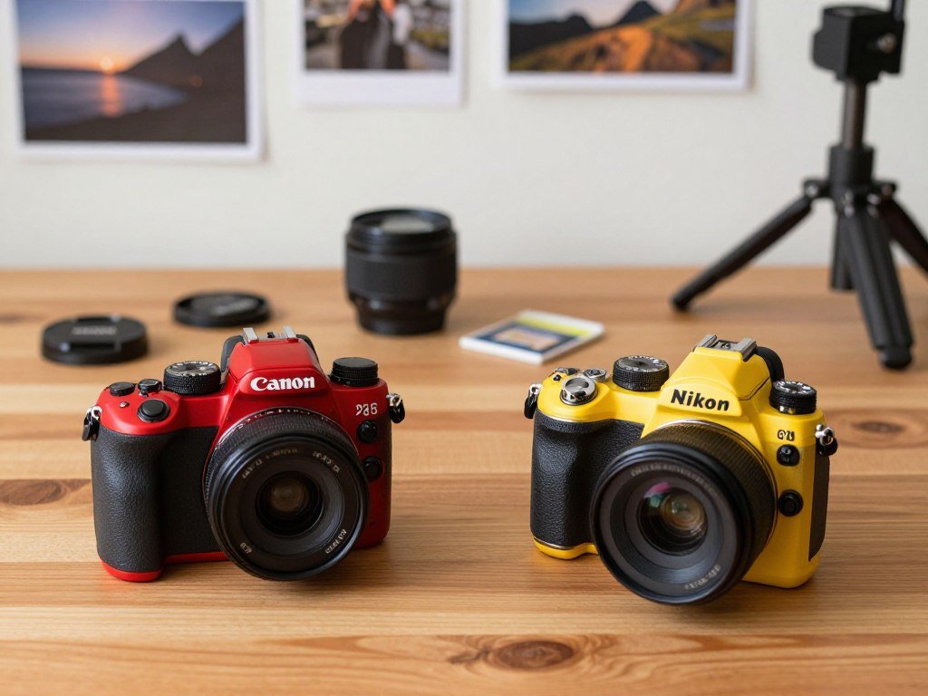Canon and Nikon beginner cameras arranged for a first comparison Canon and Nikon beginner cameras arranged for a first comparison
