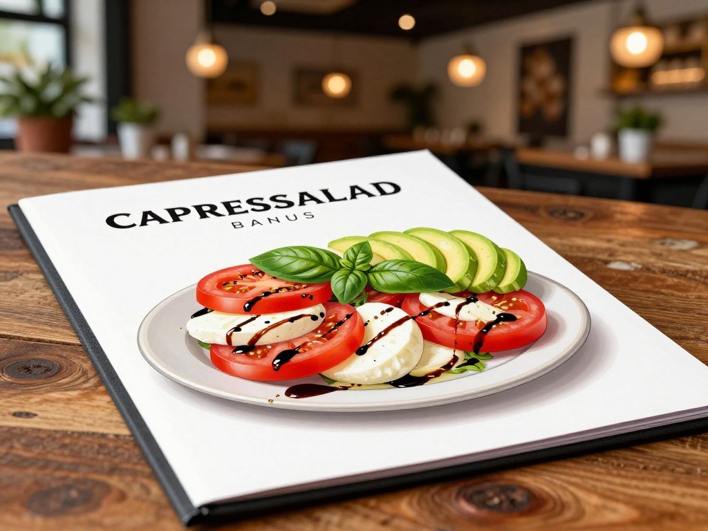 Caprese salad menu with avocado listed at a local restaurant Caprese salad menu with avocado listed at a local restaurant