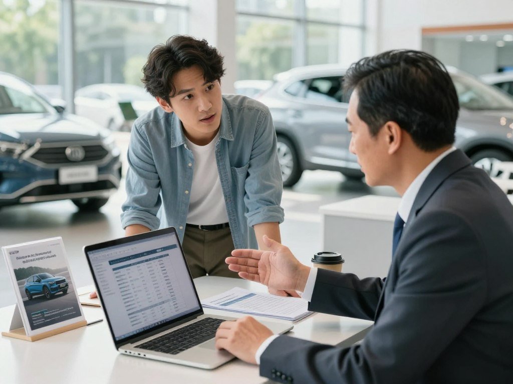 Car dealer reviewing financing options with a vehicle shopper Car dealer reviewing financing options with a vehicle shopper