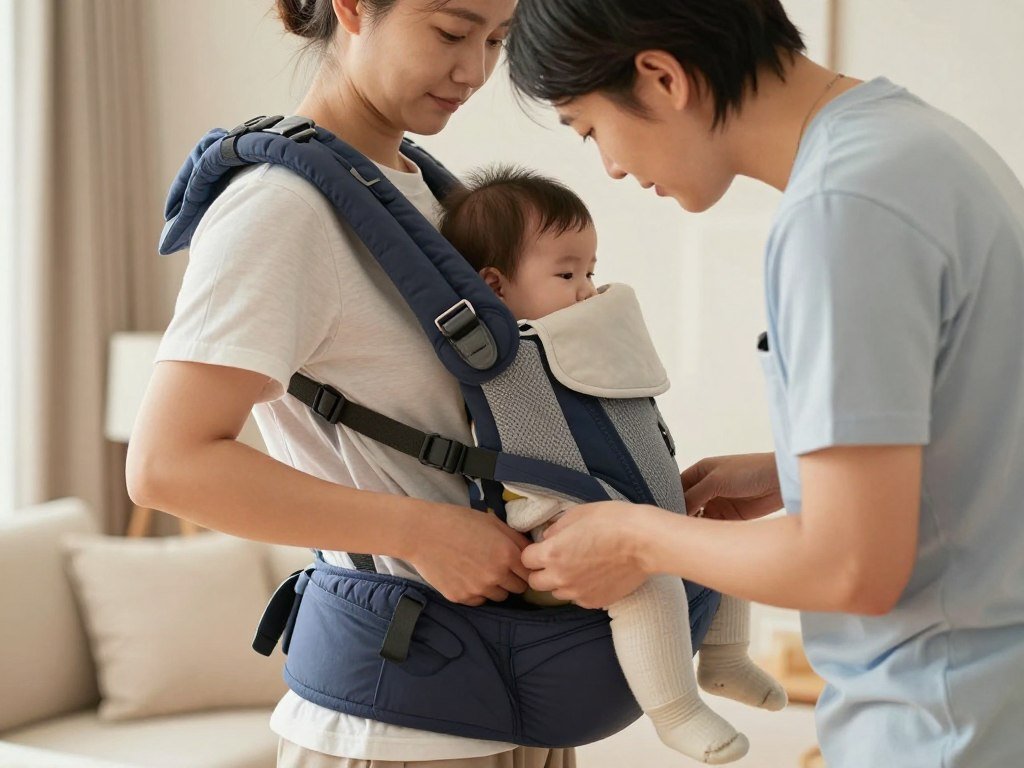 Caregiver checking carrier straps and waistband fit