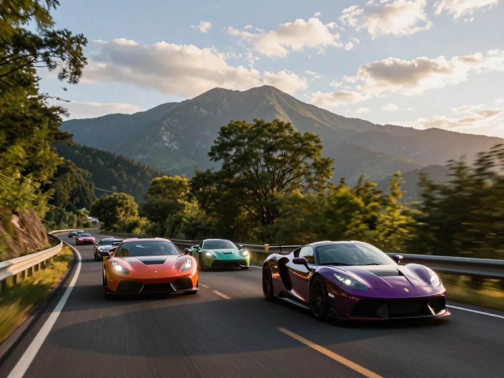 Cars race past a Japanese mountain road in Forza Horizon Cars race past a Japanese mountain road in Forza Horizon
