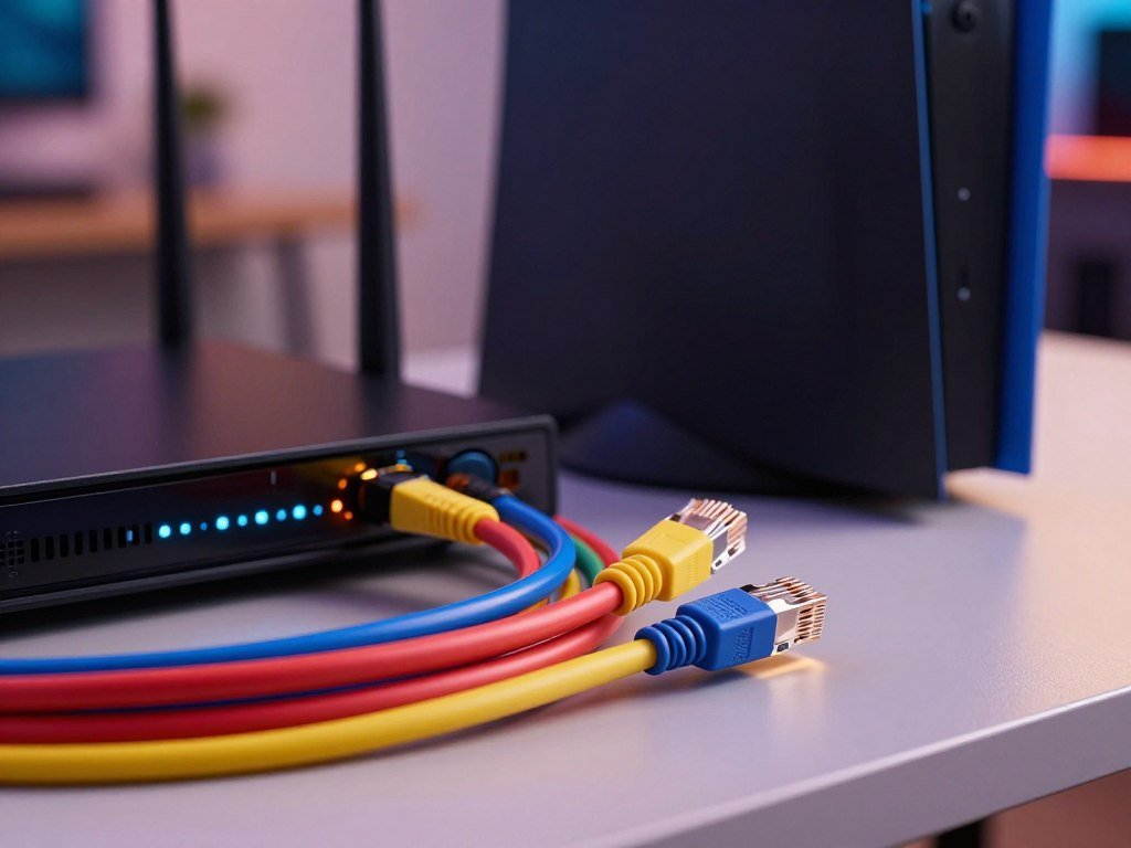 Cat6 Ethernet cables beside a gaming router and console Cat6 Ethernet cables beside a gaming router and console