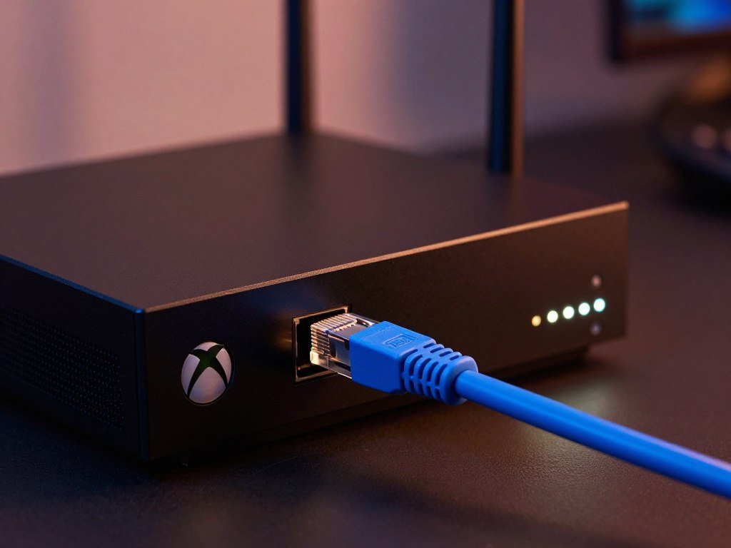 Cat6 cable connecting an Xbox console to a router Cat6 cable connecting an Xbox console to a router