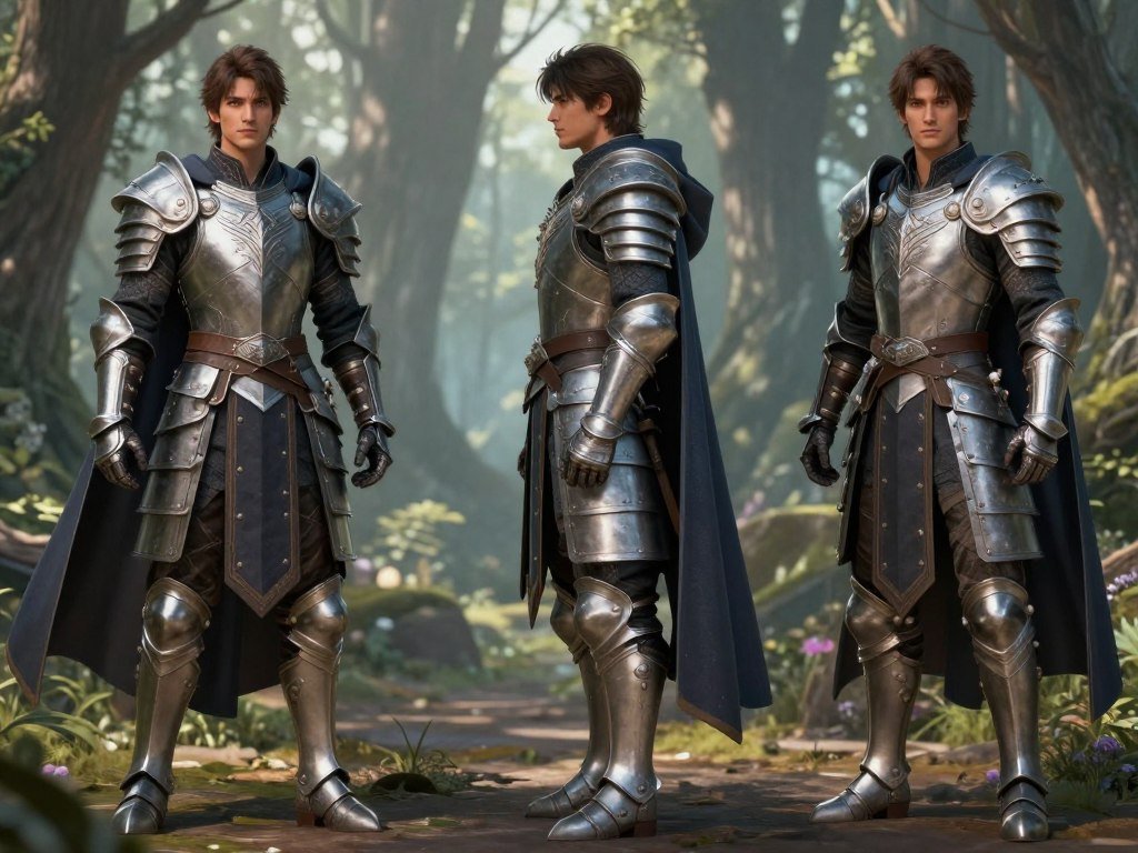 Character sheet with front, side, and three-quarter views