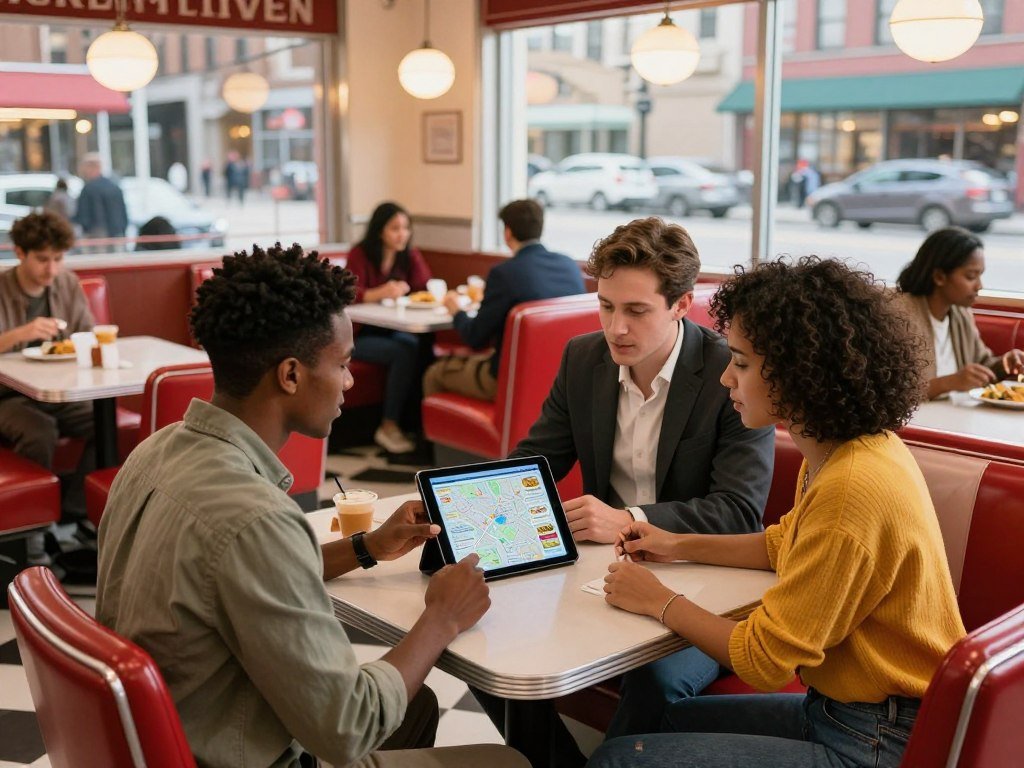 Chicago diner comparing restaurant locations across nearby areas