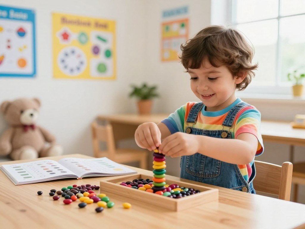 Child balancing beans while practicing early math concepts Child balancing beans while practicing early math concepts