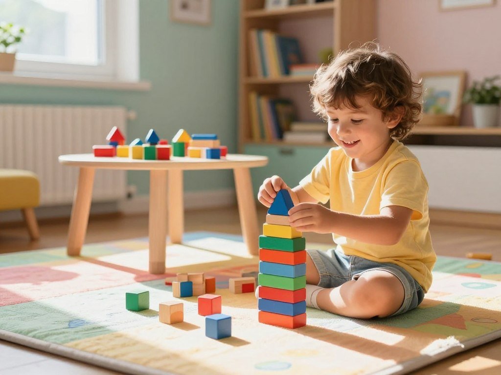 Child building with blocks while exploring spatial reasoning Child building with blocks while exploring spatial reasoning