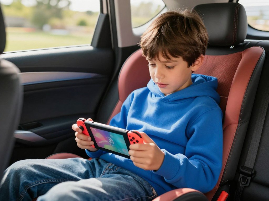 Child uses Nintendo Switch Lite during a car ride
