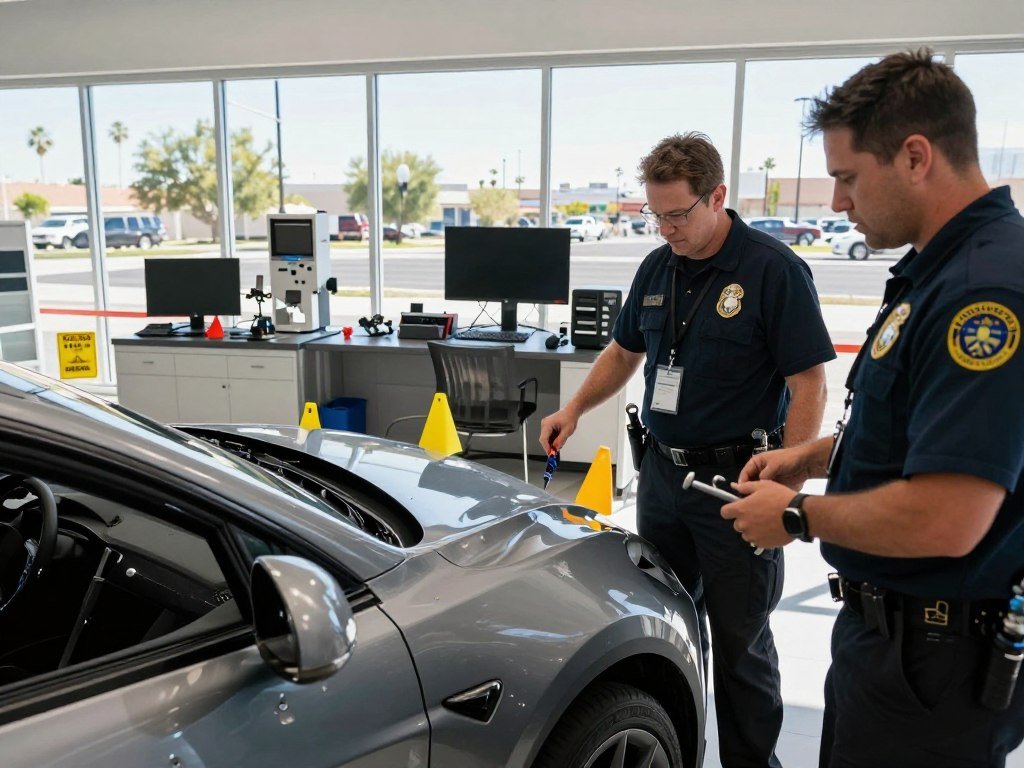 Clark County fire investigators at a Tesla collision center