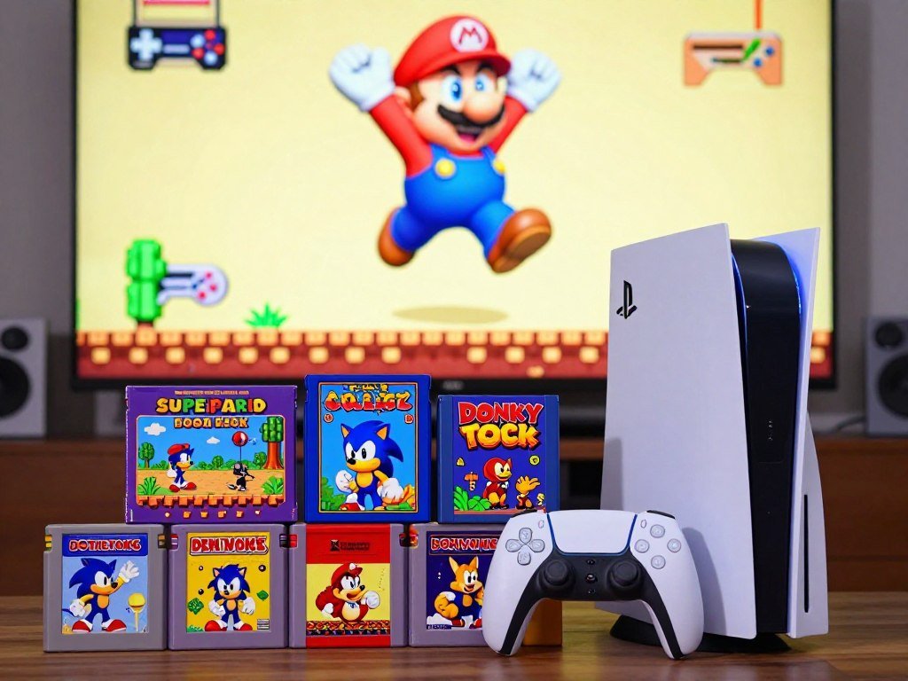 Classic platform games grouped beside a modern console