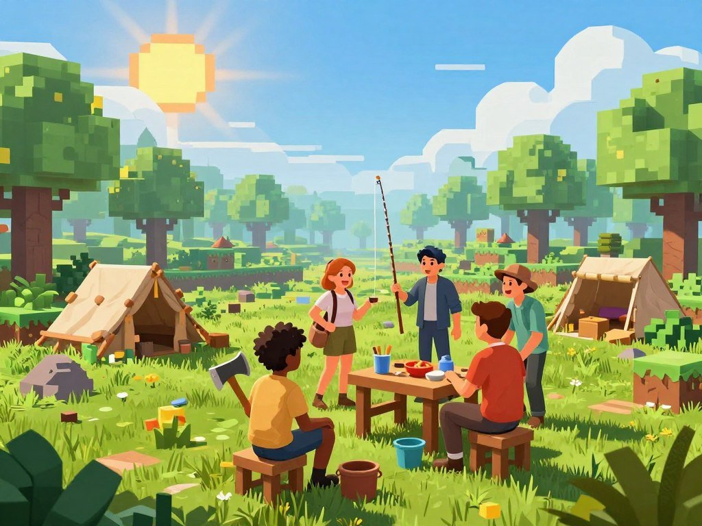 Co-op players gather supplies in a survival sandbox world Co-op players gather supplies in a survival sandbox world