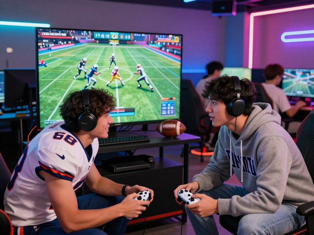 College football players competing in a modern video game College football players competing in a modern video game