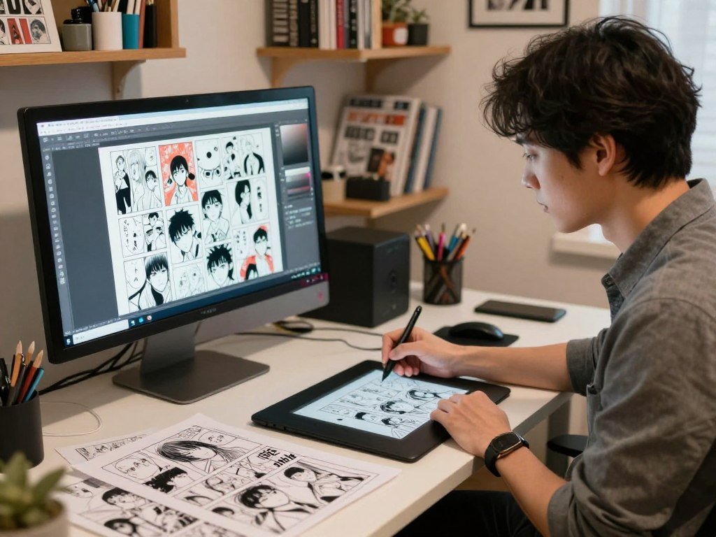 Comic artist arranging manga panels in drawing apps
