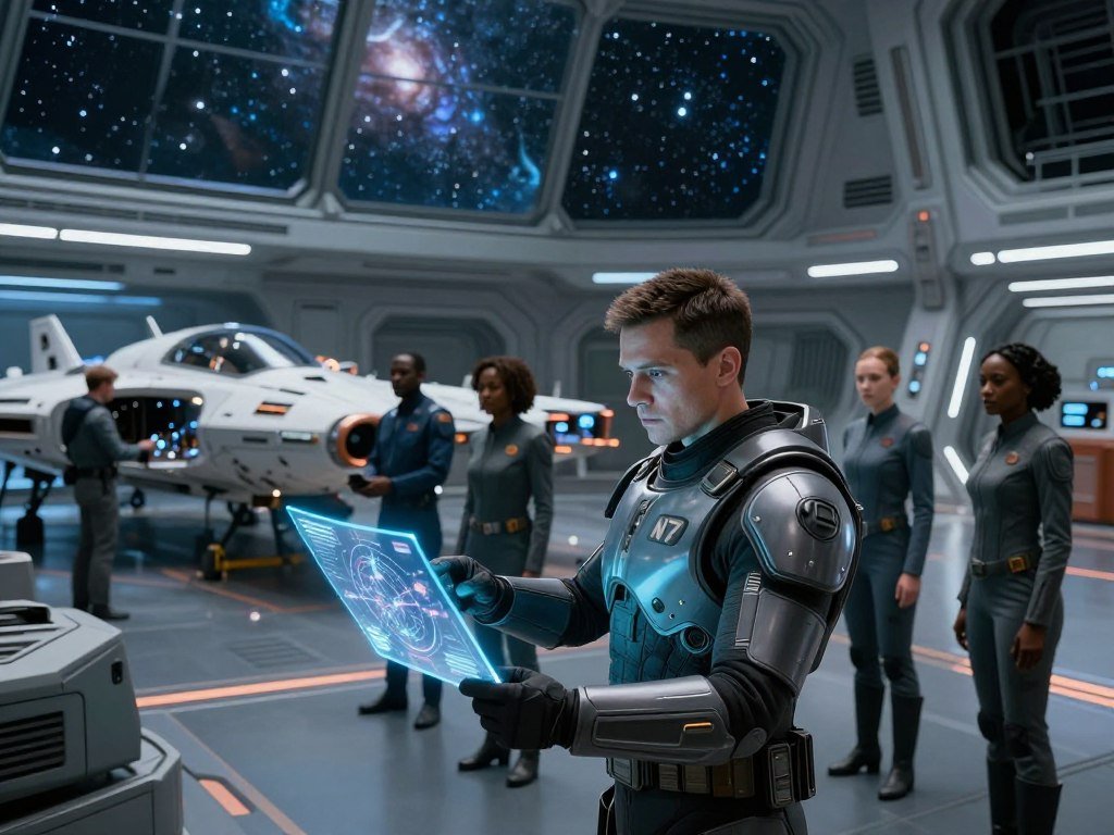 Commander Shepard and the crew prepare for a space mission Commander Shepard and the crew prepare for a space mission