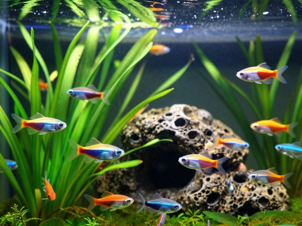 Community fish swimming near plants and sheltered aquarium spaces Community fish swimming near plants and sheltered aquarium spaces