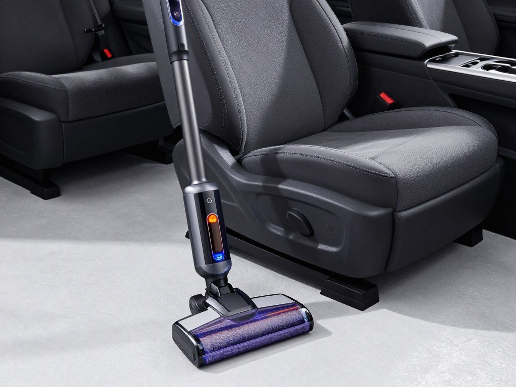 Compact Fanttik vacuum beside a car seat for quick cleanup Compact Fanttik vacuum beside a car seat for quick cleanup