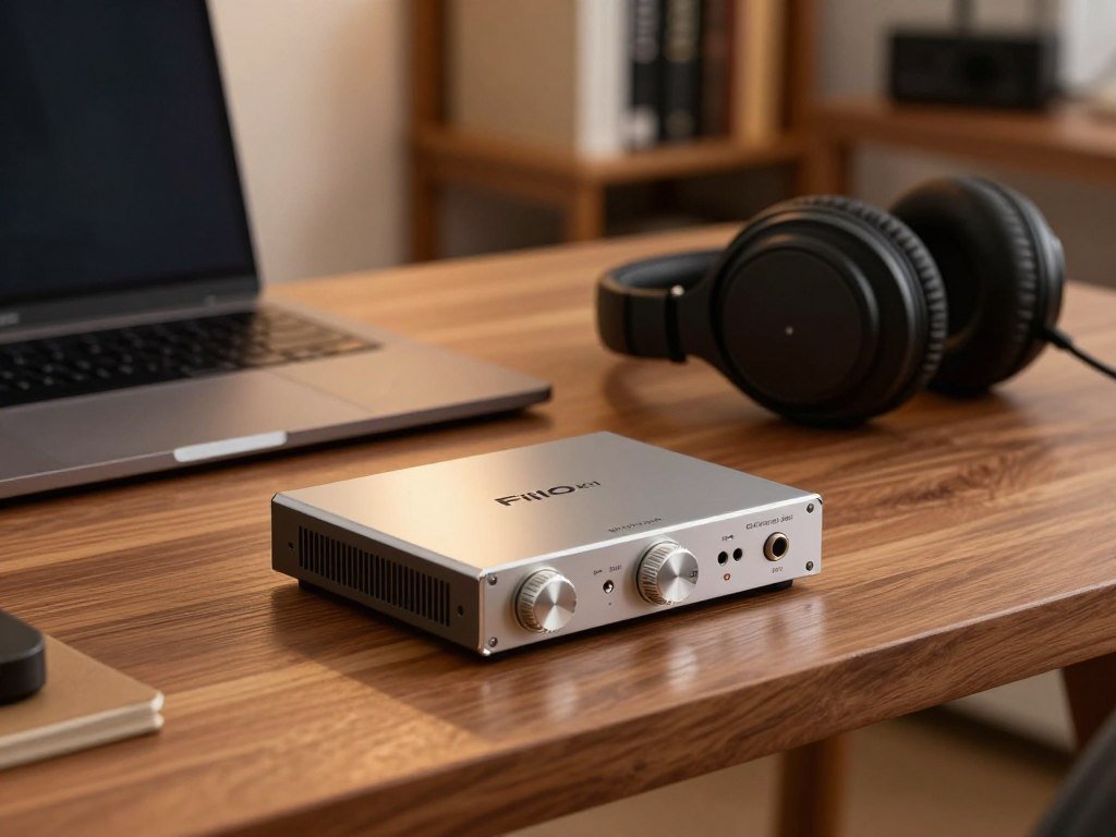 Compact FiiO K11 headphone amp on a small computer desk