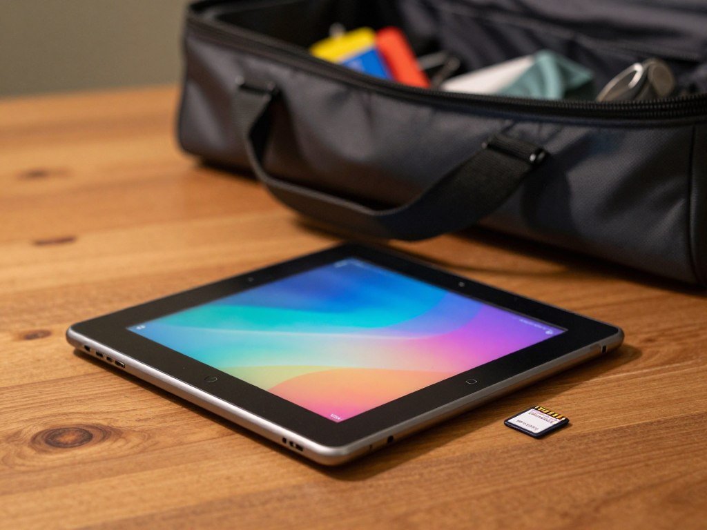 Compact Fire HD 8 tablet beside a microSD card and travel bag Compact Fire HD 8 tablet beside a microSD card and travel bag