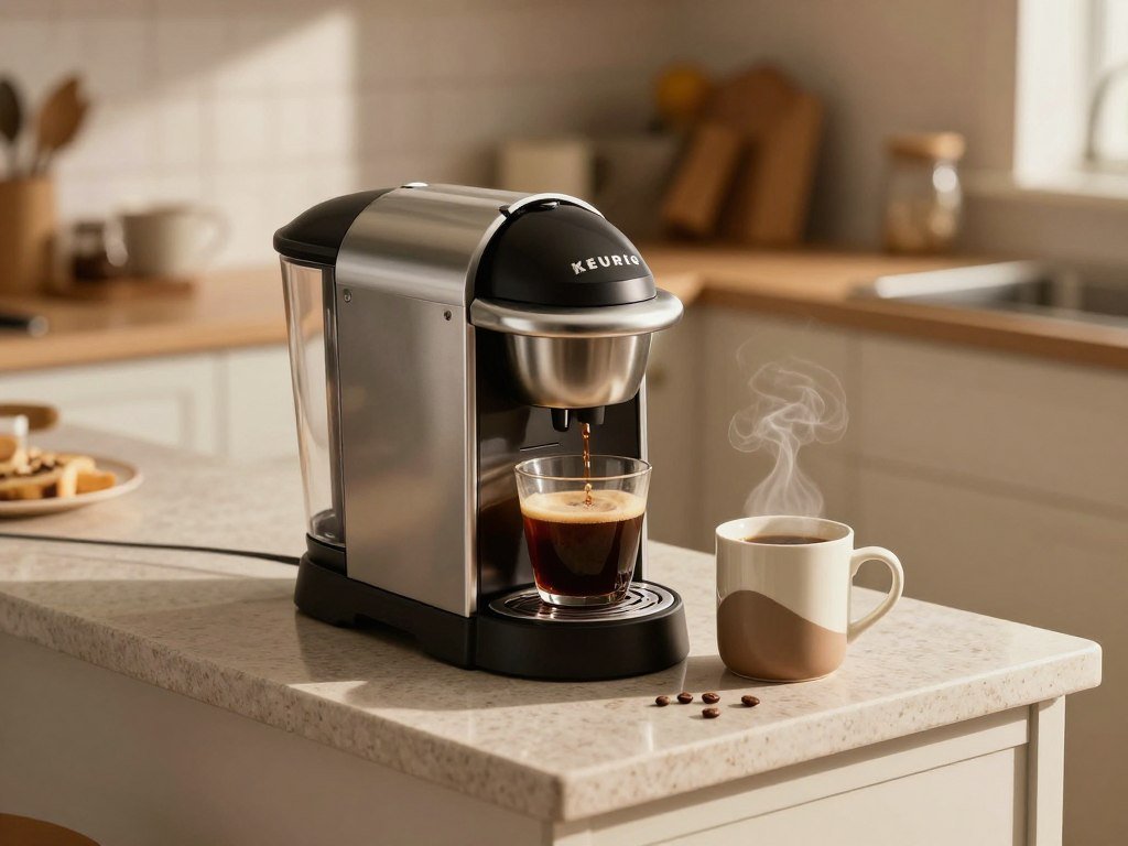 Compact Keurig coffee maker beside a mug on a narrow counter Compact Keurig coffee maker beside a mug on a narrow counter