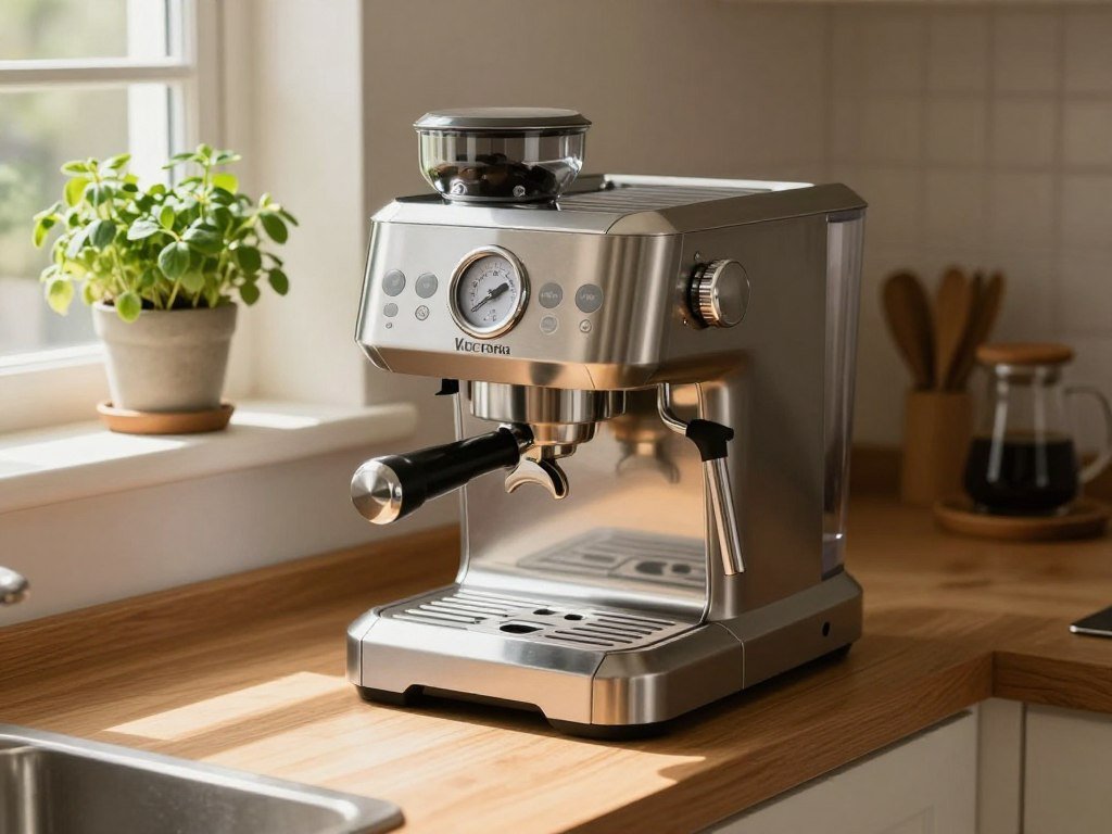 Compact Lelit Victoria espresso machine in a home kitchen Compact Lelit Victoria espresso machine in a home kitchen