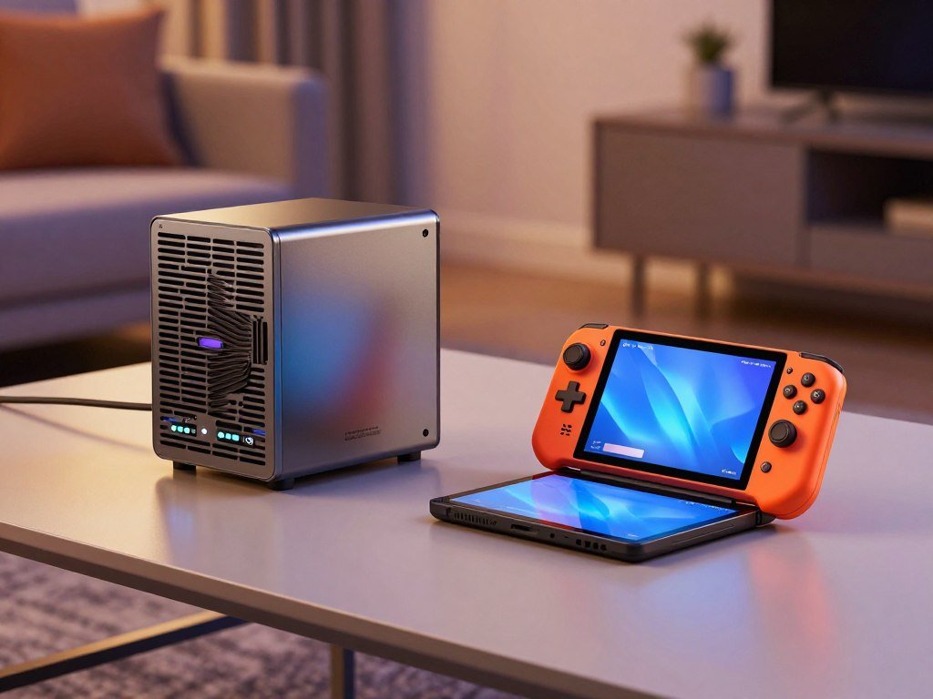 Compact Steam Machine hardware beside a handheld gaming device