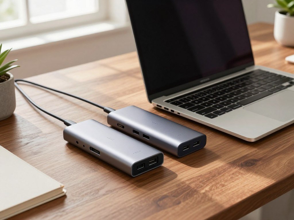 Compact USB-C hubs beside a MacBook Pro for everyday expansion