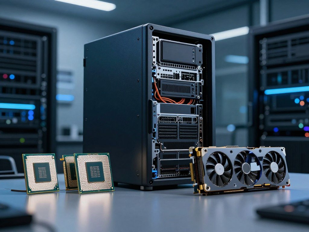 Compact and broad language models shown beside server hardware Compact and broad language models shown beside server hardware