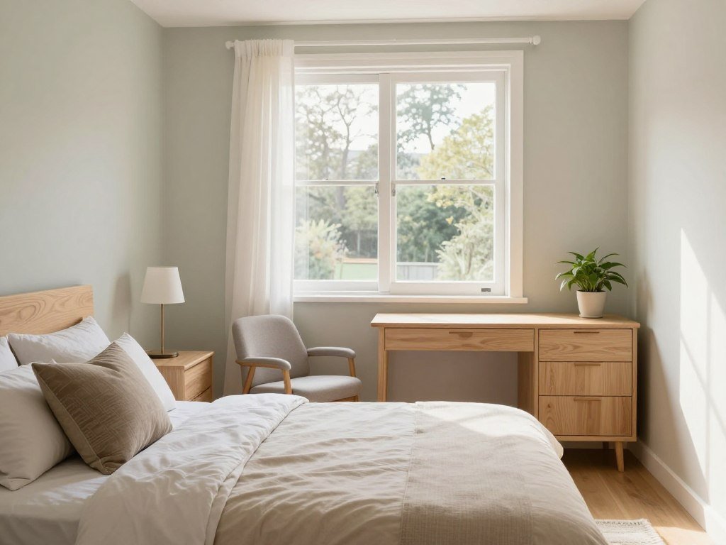 Compact bedroom brief with light wood and window Compact bedroom brief with light wood and window