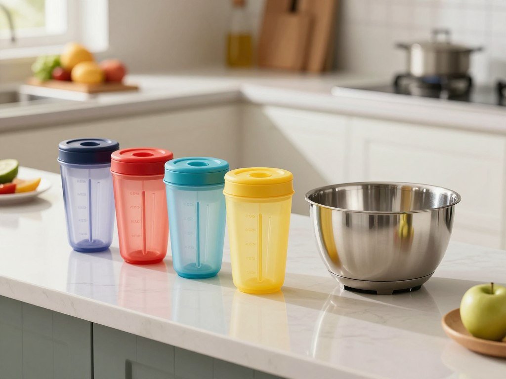 Compact blending cups beside a small processor bowl Compact blending cups beside a small processor bowl